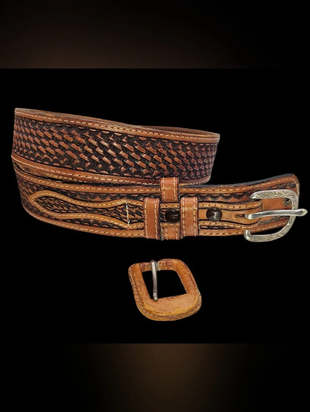 Justin Western Leather Belt Sz 40 Basket Tooled